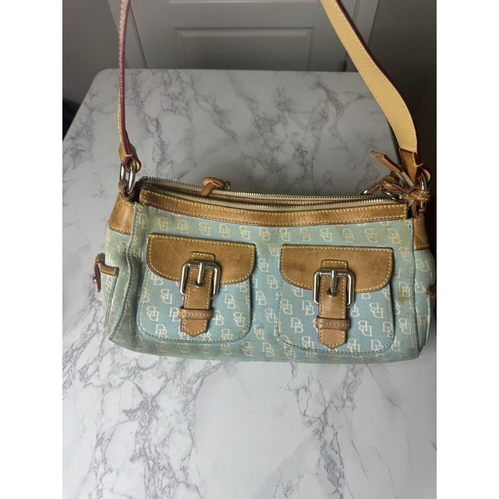 Dooney & Bourke Blue/Tan Logo Shoulder Bag Zip Top Silver Hardware Lined Charm - Picture 2 of 7